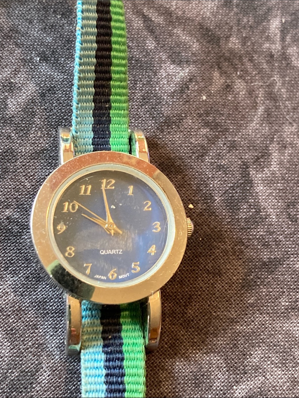 Blue Dial Quartz Watch w Green & Blue Stripe Nylon Band keeps perfect time